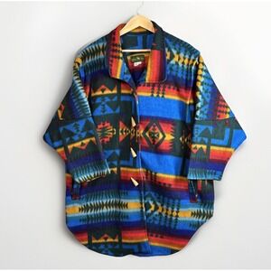 Vintage 80s 90s Hunters Run Jacket Blanket Fleece Bright Southwestern Aztec Coat